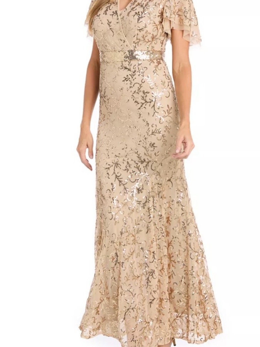 R&M Richards Champagne Sequin Lace Maxi Dress
